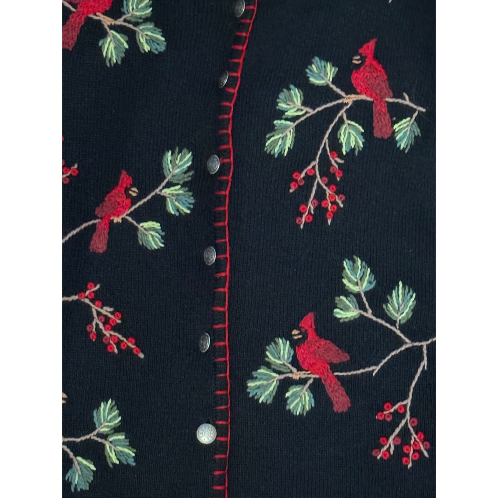 Coldwater Creek Cardinal Embroidered Sweater Women's Large Black Ramie Cotton - Picture 2 of 12